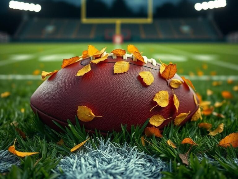 Flick International Close-up of a football on grass surrounded by leaves during a tense moment in an NFL game