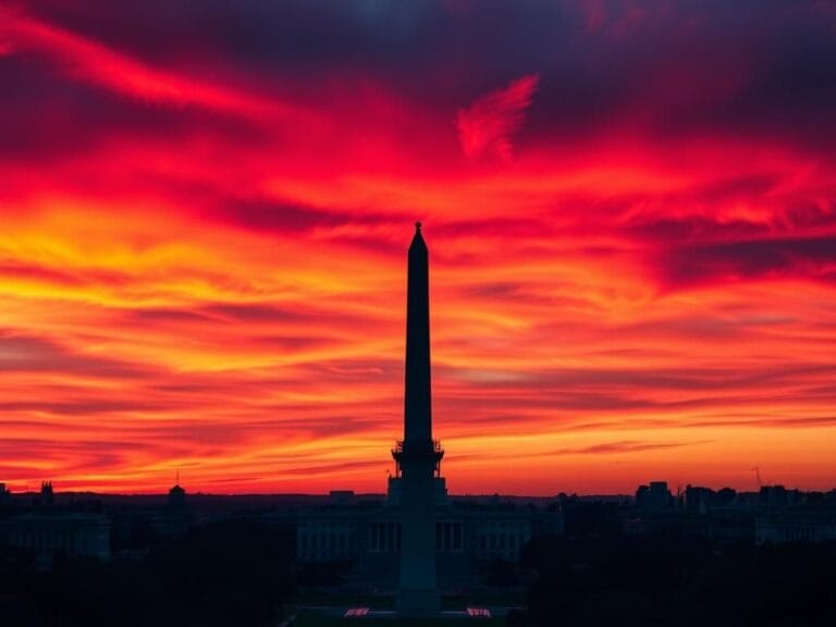 Flick International Dramatic sunset over Washington, D.C. with vibrant red and orange skies