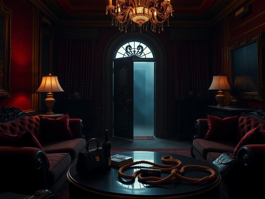 Flick International Dark opulent interior of a luxurious apartment showcasing plush furnishings and eerie lighting.