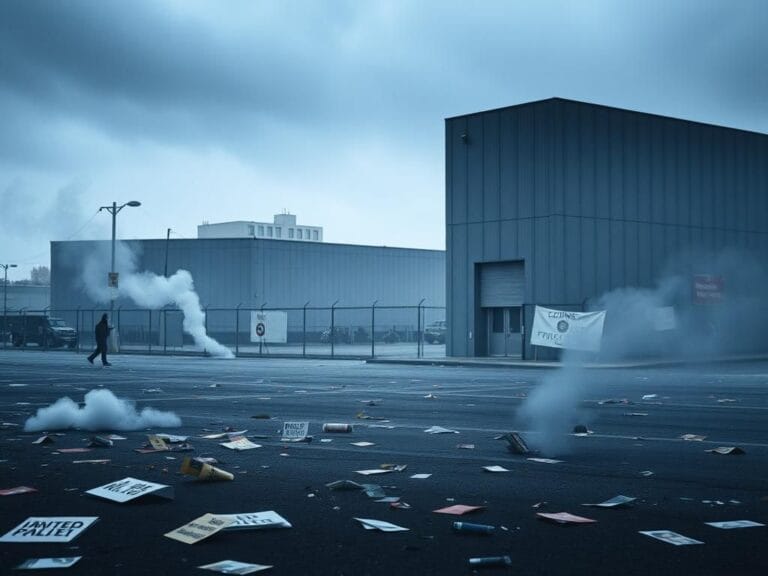 Flick International Stark gray immigration facility in Portland surrounded by protest debris