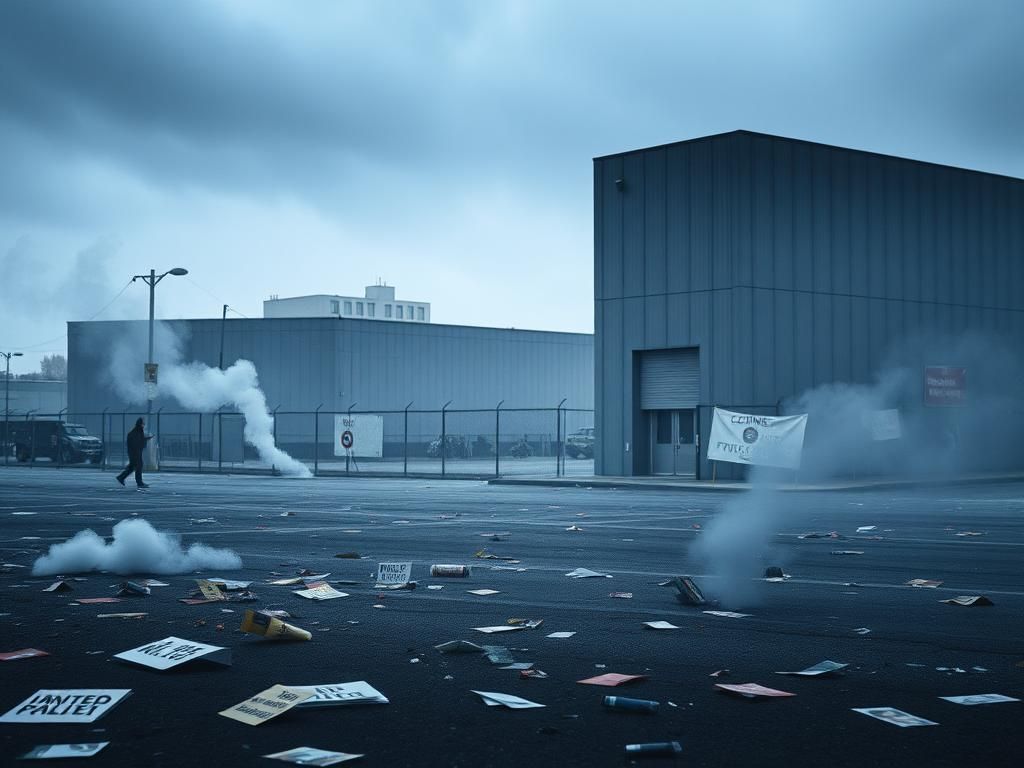 Flick International Stark gray immigration facility in Portland surrounded by protest debris