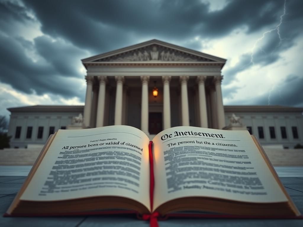 Flick International Solemn courtroom scene of the Supreme Court building with open books symbolizing the Constitution