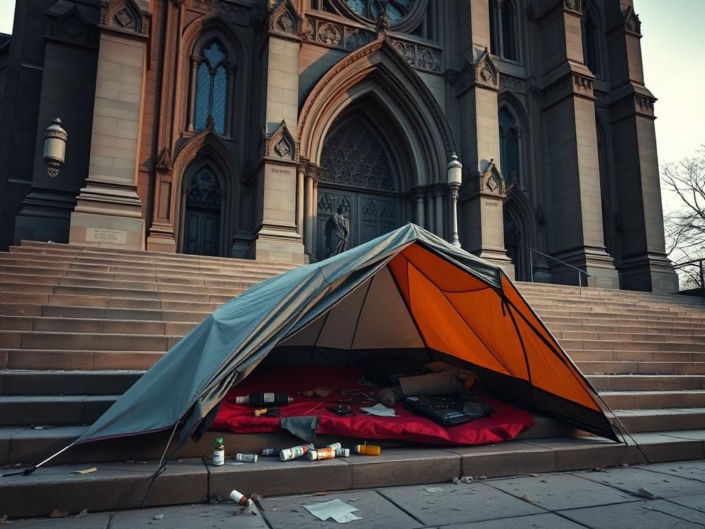 Flick International Abandoned tent and suspicious items outside Saint Matthew's Cathedral