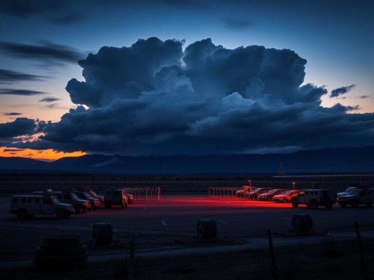 Flick International Abandoned California National Guard base at dusk with military vehicles and equipment
