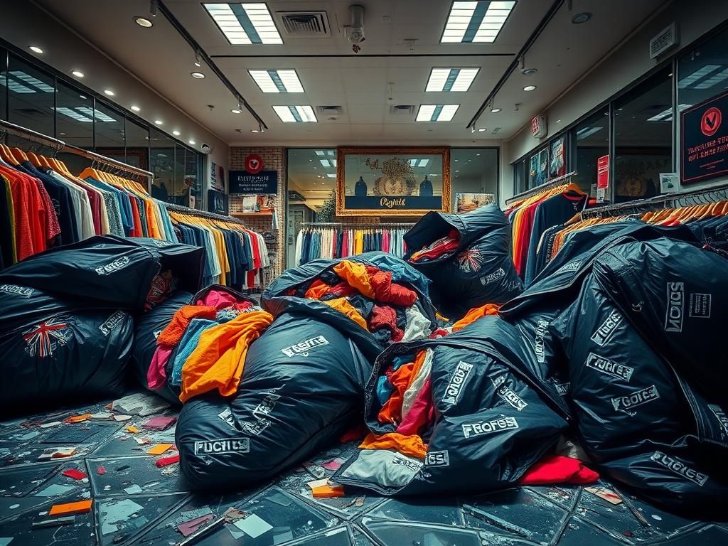 Flick International Chaotic scene inside Release Boutique showing overturned clothing racks and shattered glass after looting