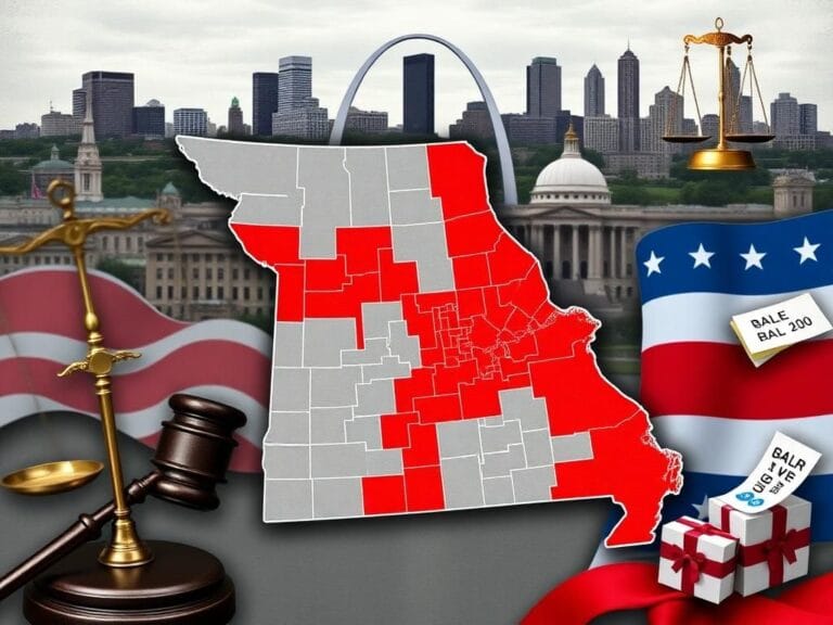 Flick International Detailed political map of Missouri with newly drawn congressional district boundaries and state landmarks.