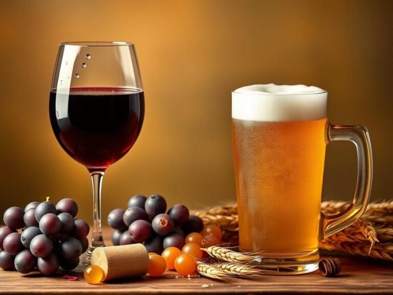 Flick International A still life featuring a glass of red wine and a pint of beer with grapes and grains.