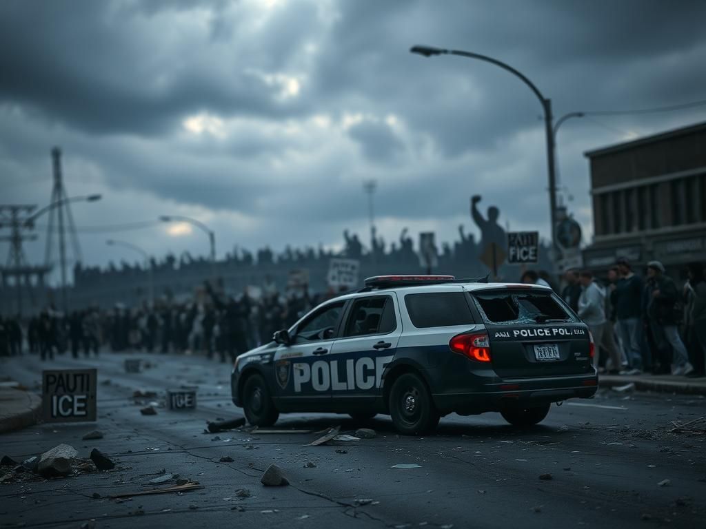 Flick International Damaged law enforcement vehicle in a chaotic urban scene after a car-ramming incident in Broadview, Chicago