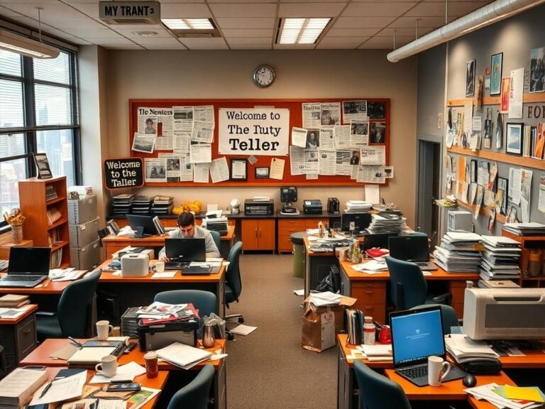 Flick International Bustling newspaper office scene in Scranton, Pennsylvania, showcasing a modern workplace ambiance.