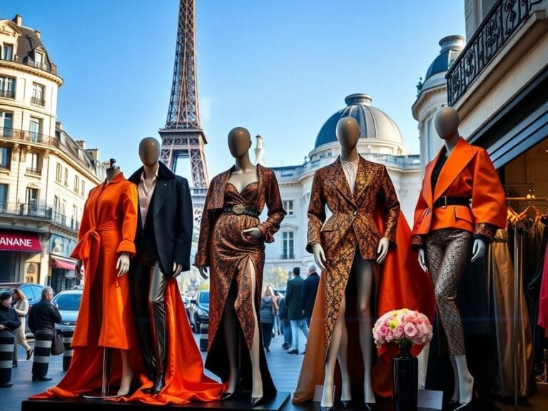 Flick International Chic Parisian boutique window showcasing high-fashion garments against iconic architecture