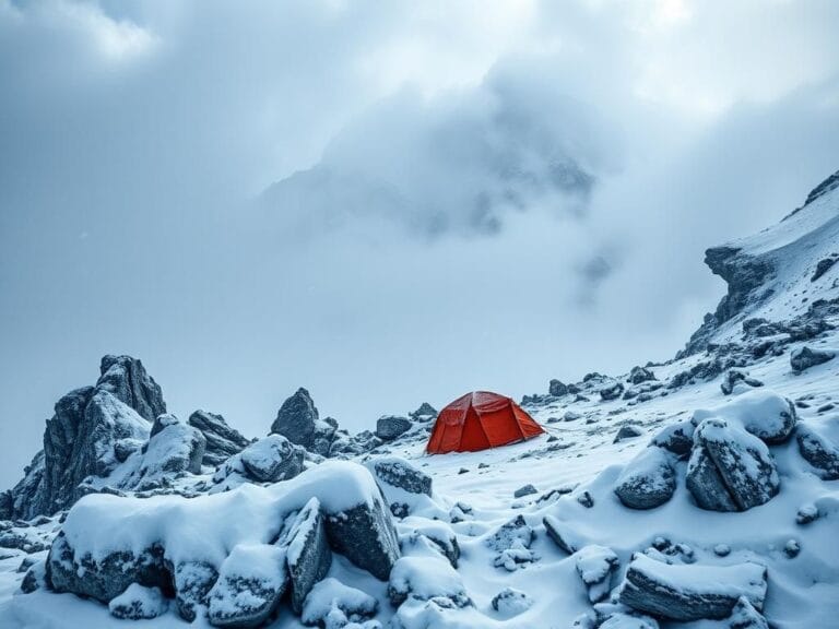 Flick International Snow-covered Mount Everest under blizzard conditions with partially collapsed tents