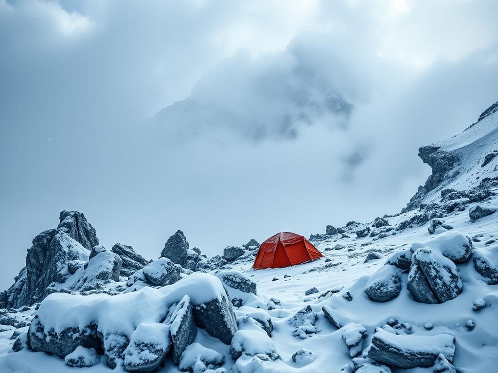 Flick International Snow-covered Mount Everest under blizzard conditions with partially collapsed tents