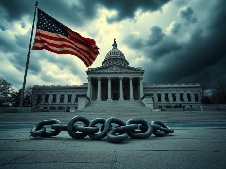 Flick International A deserted government building symbolizing the shutdown with looming storm clouds