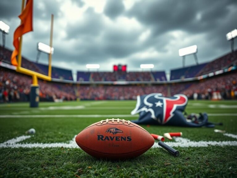 Flick International A tarnished football on a vibrant football field amidst a dramatic stadium scene