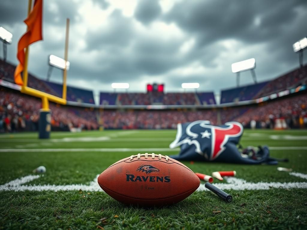 Flick International A tarnished football on a vibrant football field amidst a dramatic stadium scene