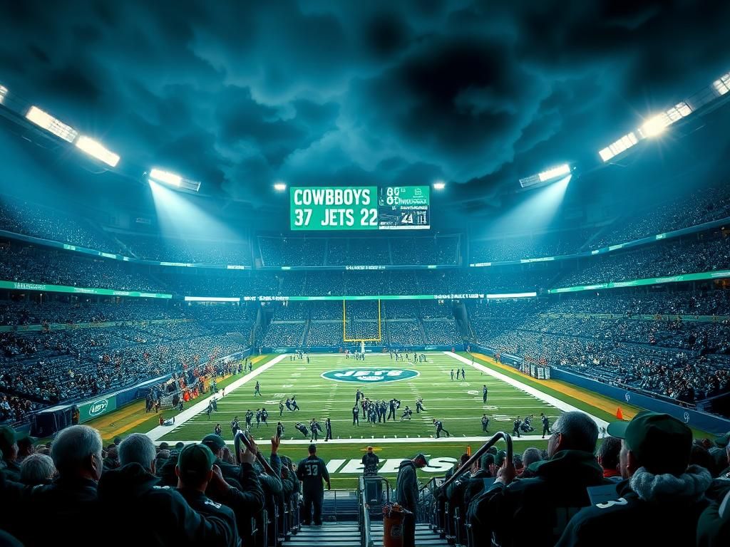 Flick International Dramatic football scene inside MetLife Stadium featuring empty bleachers filled with Jets merchandise