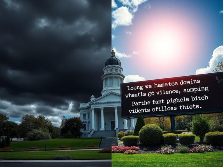 Flick International Stormy sky over Virginia State Capitol juxtaposed with sunny garden representing political tension