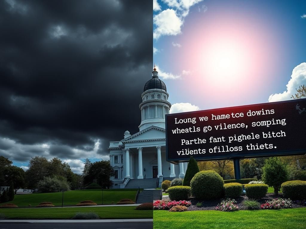 Flick International Stormy sky over Virginia State Capitol juxtaposed with sunny garden representing political tension