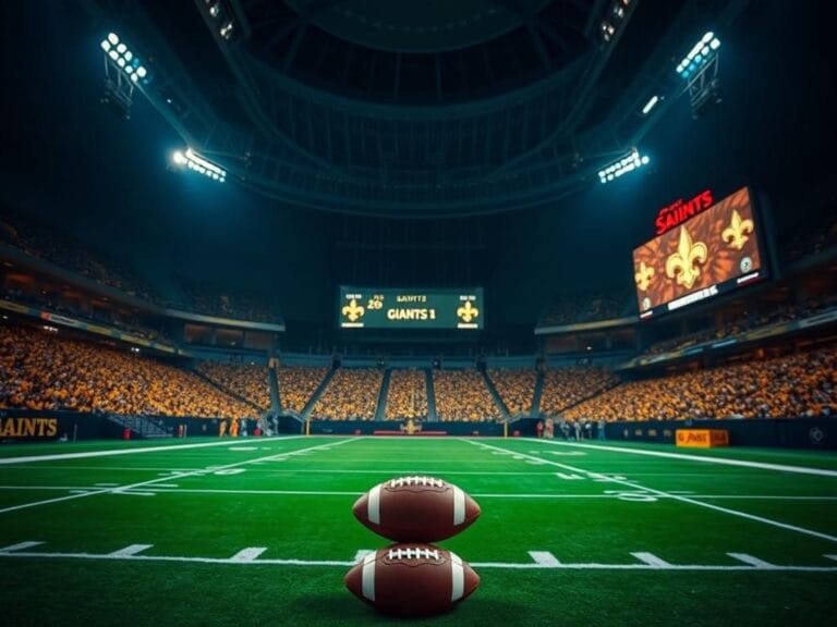 Flick International Elevated view of the vibrant interior of the Caesars Superdome during a New Orleans Saints game, featuring bright green turf and a visible football.