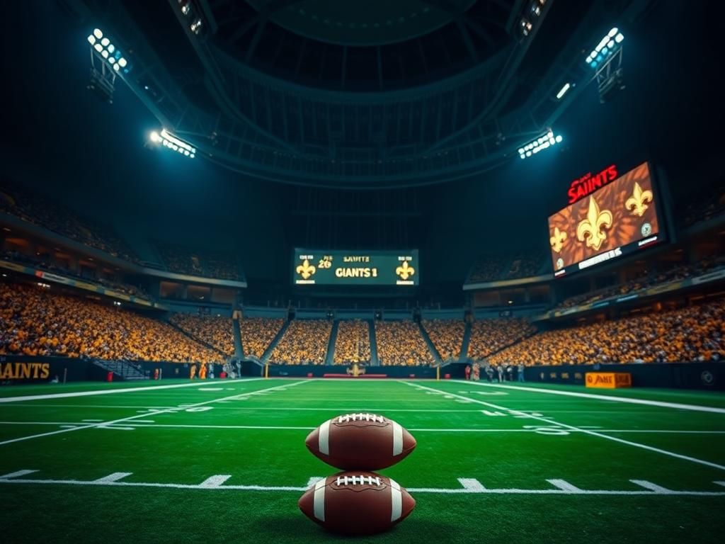 Flick International Elevated view of the vibrant interior of the Caesars Superdome during a New Orleans Saints game, featuring bright green turf and a visible football.