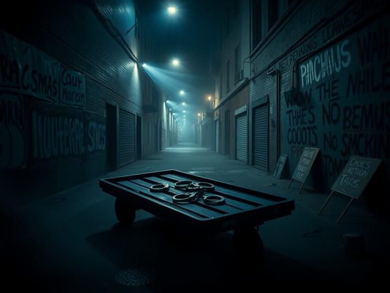 Flick International Abandoned flatbed cart with handcuffs and protest graffiti in a dark urban setting