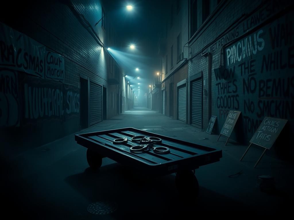 Flick International Abandoned flatbed cart with handcuffs and protest graffiti in a dark urban setting