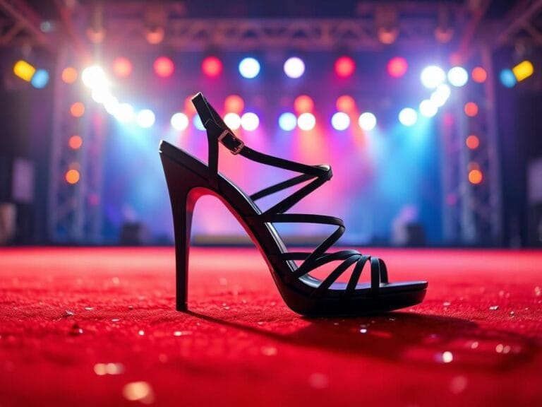 Flick International sleek black high-heeled shoe on a glamorous red carpet