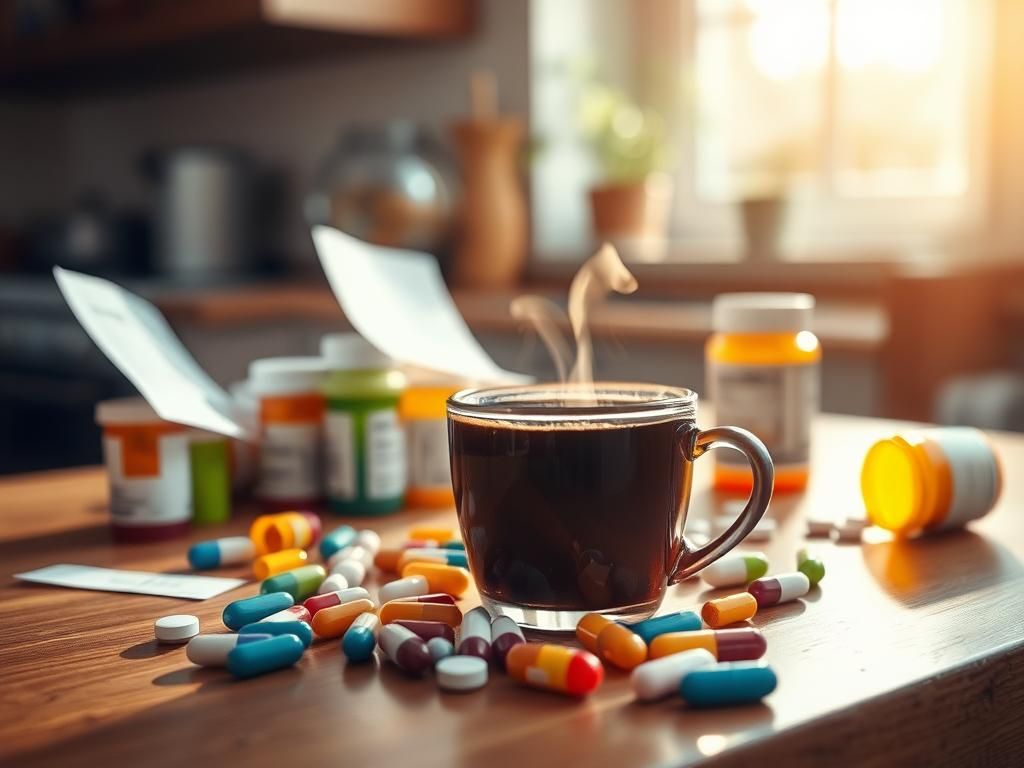 Flick International Close-up shot of a steaming cup of coffee next to colorful prescription pill bottles on a kitchen table
