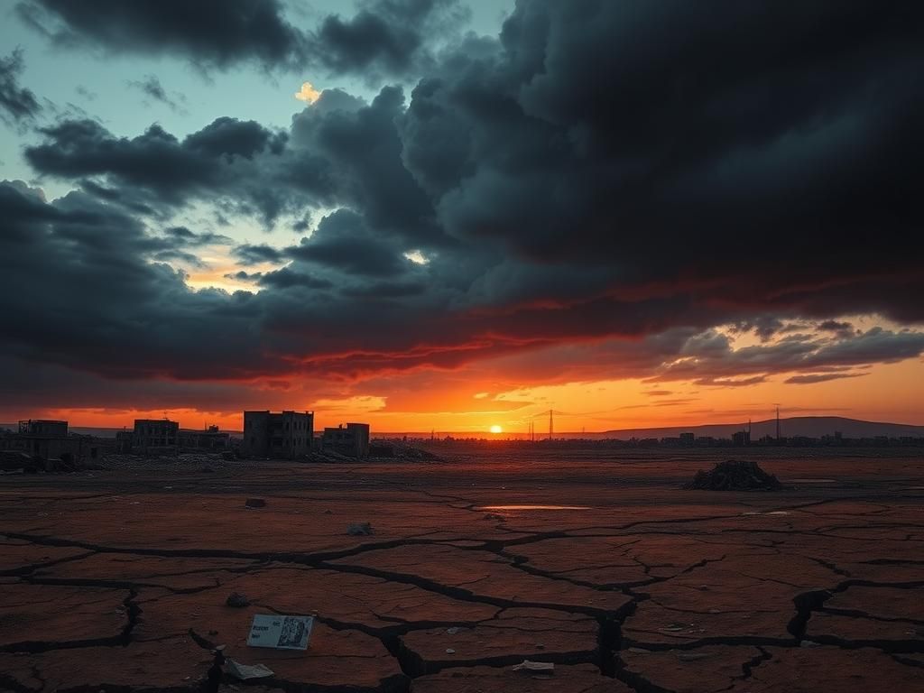 Flick International A desolate Middle Eastern landscape at dusk symbolizing conflict and urgency