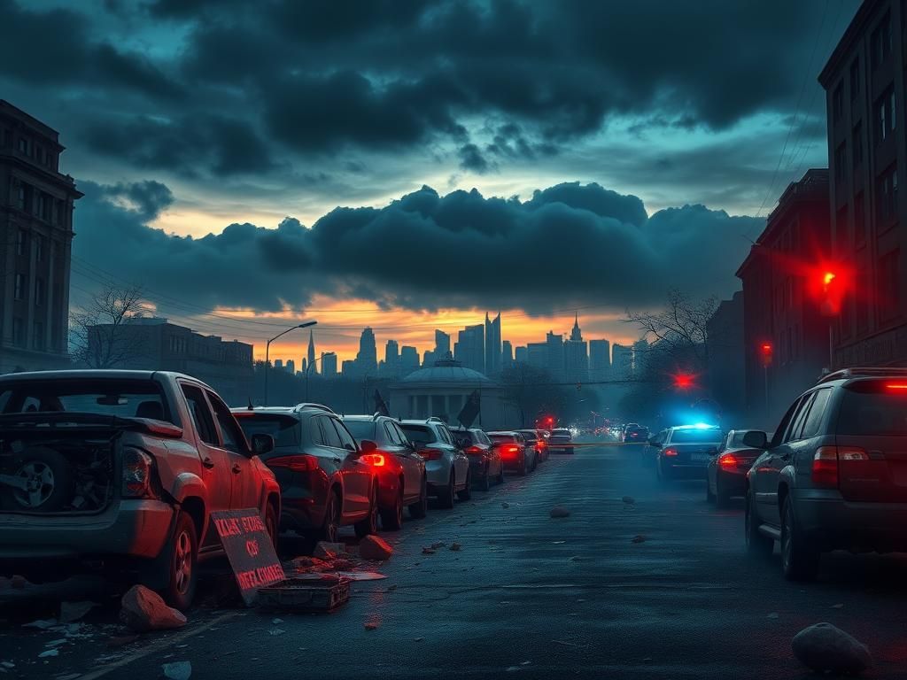 Flick International Chaotic urban scene depicting a tense confrontation with damaged vehicles and dark clouds looming over the skyline