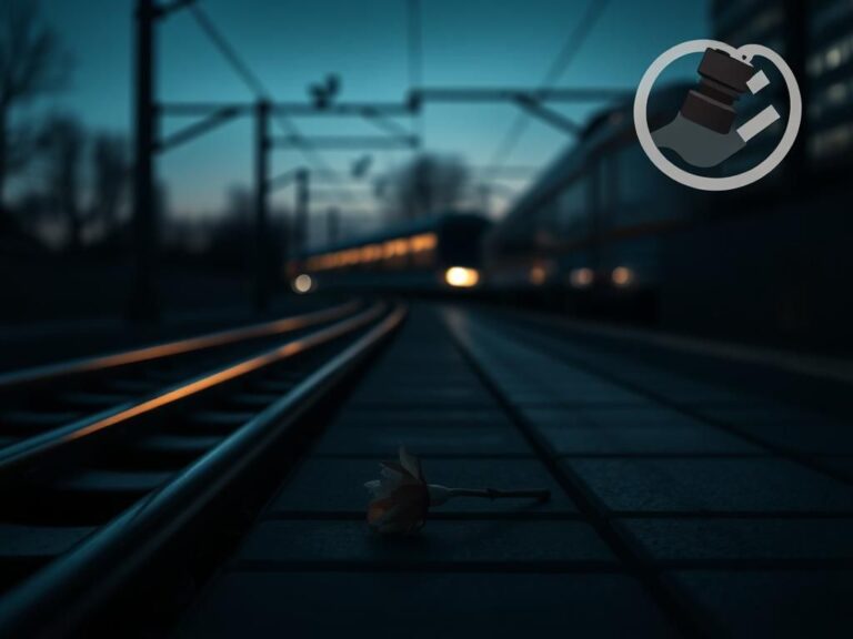 Flick International A deserted light-rail train platform at twilight with a wilted flower on the ground