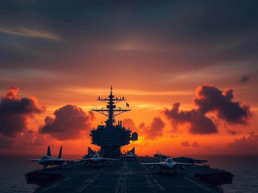 Flick International USS Harry S. Truman aircraft carrier at sunset with military jets and American flag