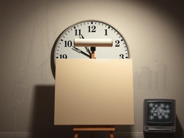 Flick International A surreal scene depicting a large clock stuck at 12 and 1, symbolizing wasted time.