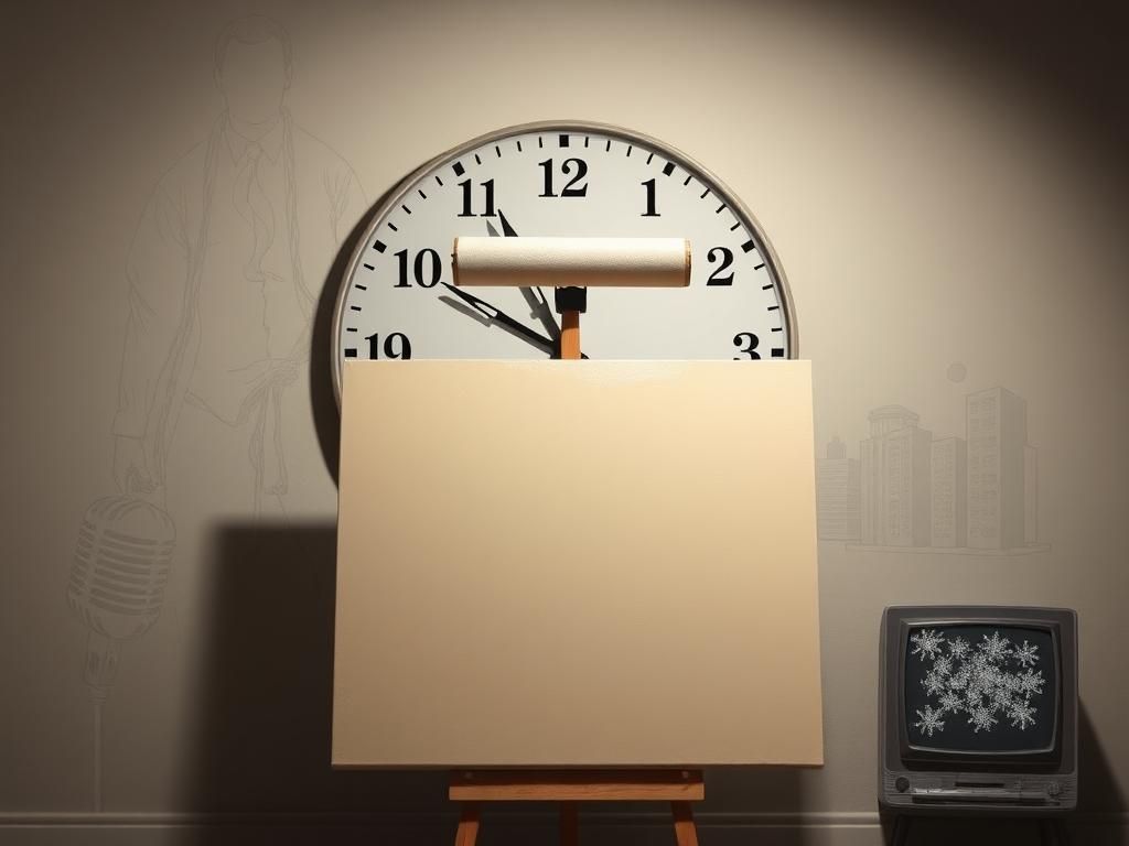 Flick International A surreal scene depicting a large clock stuck at 12 and 1, symbolizing wasted time.