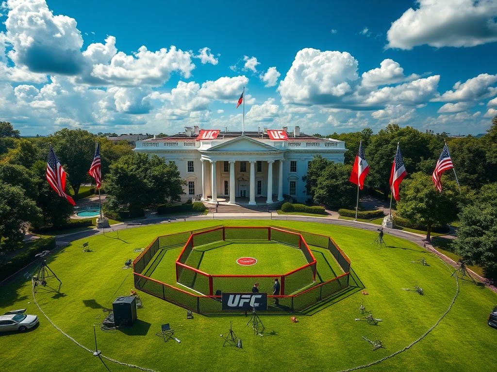 Flick International Aerial view of the White House lawn set for a historic UFC event with an octagon ring