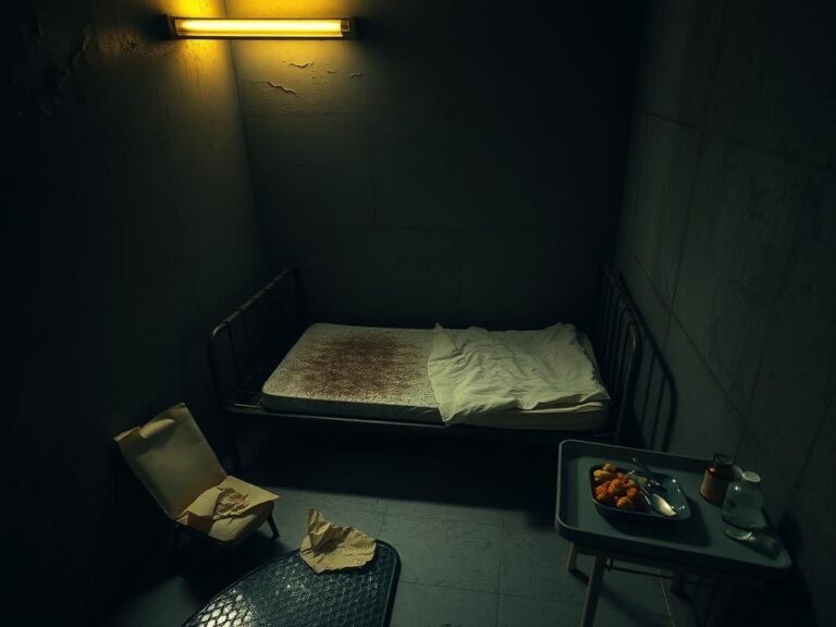 Flick International Dimly lit prison cell with stark concrete walls and a hard metal bedframe