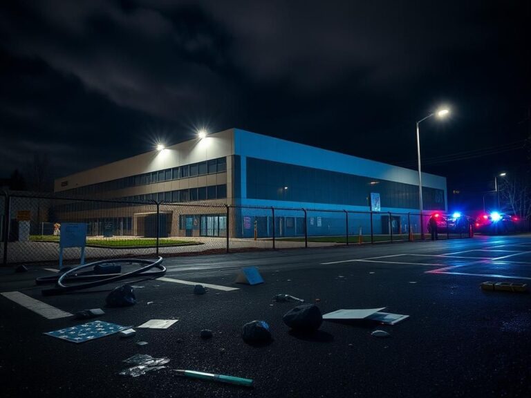 Flick International Exterior view of the ICE facility in Portland, illuminated at night amidst protest remnants