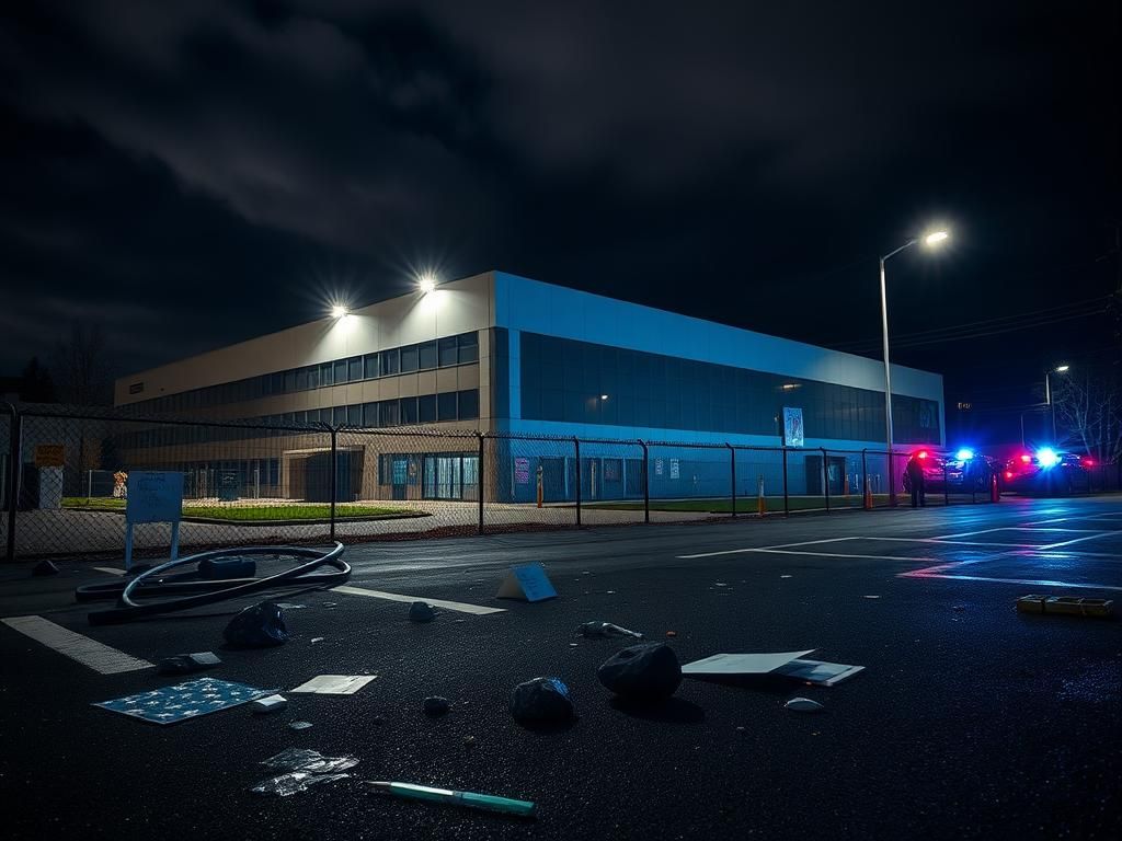 Flick International Exterior view of the ICE facility in Portland, illuminated at night amidst protest remnants