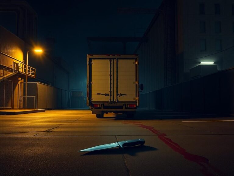 Flick International dimly lit hotel loading dock in Indianapolis with a fallen knife on the ground