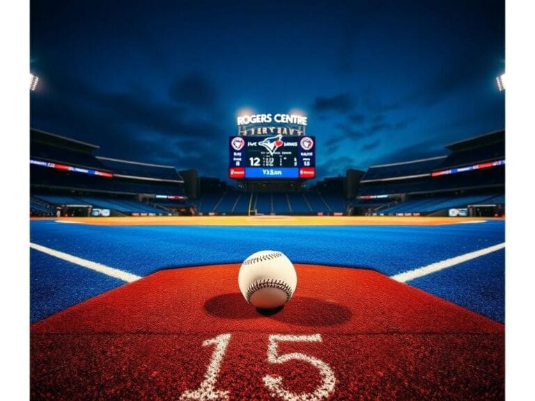Flick International Twilight scene at Rogers Centre with a baseball resting on the pitcher's mound