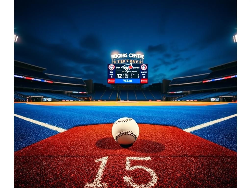 Flick International Twilight scene at Rogers Centre with a baseball resting on the pitcher's mound