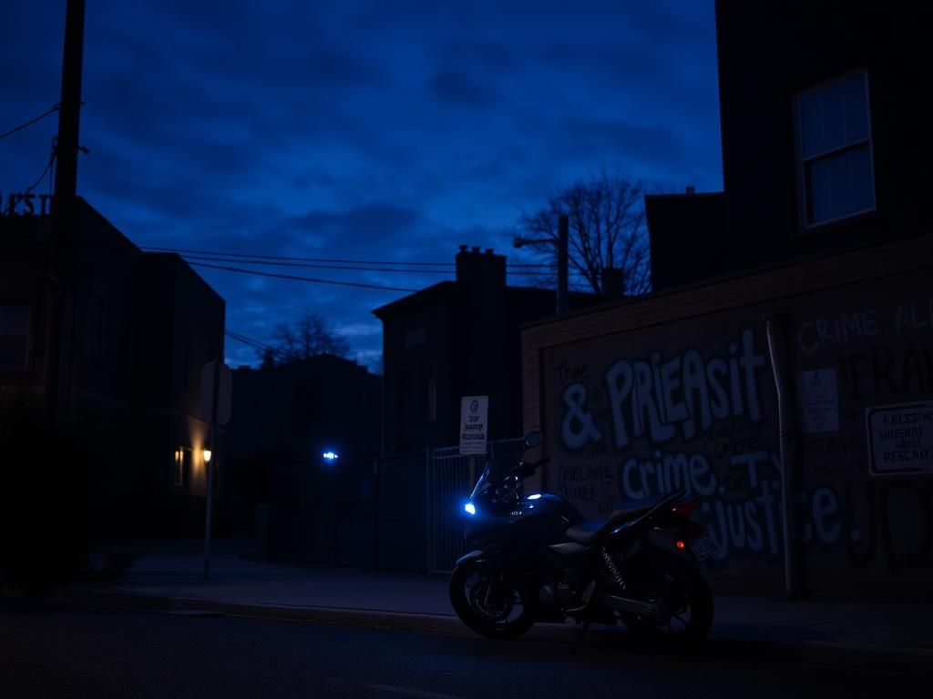 Flick International Dimly lit urban street scene in Washington, D.C. showcasing a police station and motorcycle
