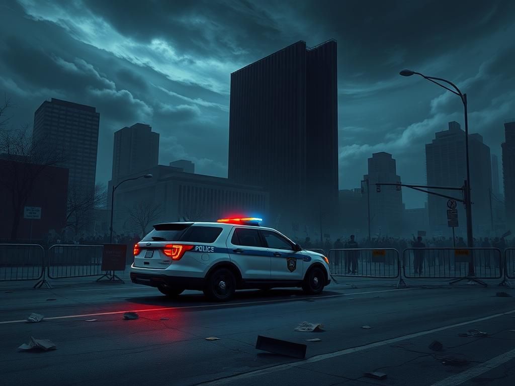 Flick International A police vehicle with flashing lights parked on a deserted street surrounded by protest signs and barricades in Chicago.