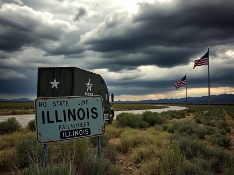 Flick International Military truck of Texas National Guard parked on barren road at Illinois state line under ominous skies