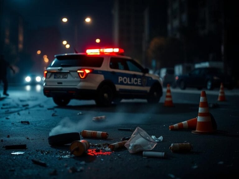 Flick International A police vehicle with tire marks and debris in a chaotic urban night scene