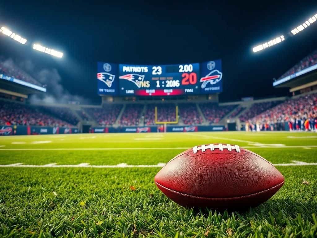 Flick International Nighttime football stadium scene showcasing Patriots vs. Bills final score 23-20