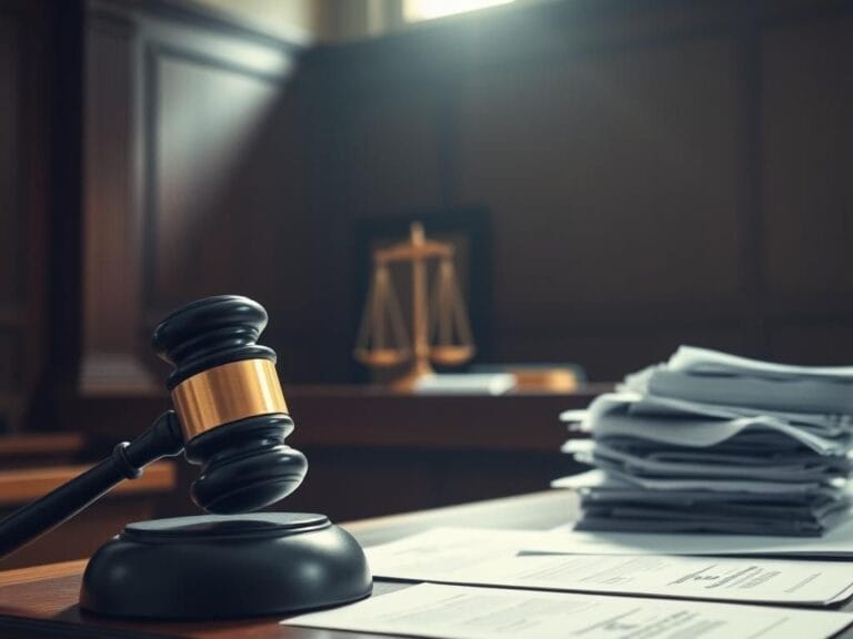 Flick International Courtroom scene emphasizing the empty judge's bench and gavel