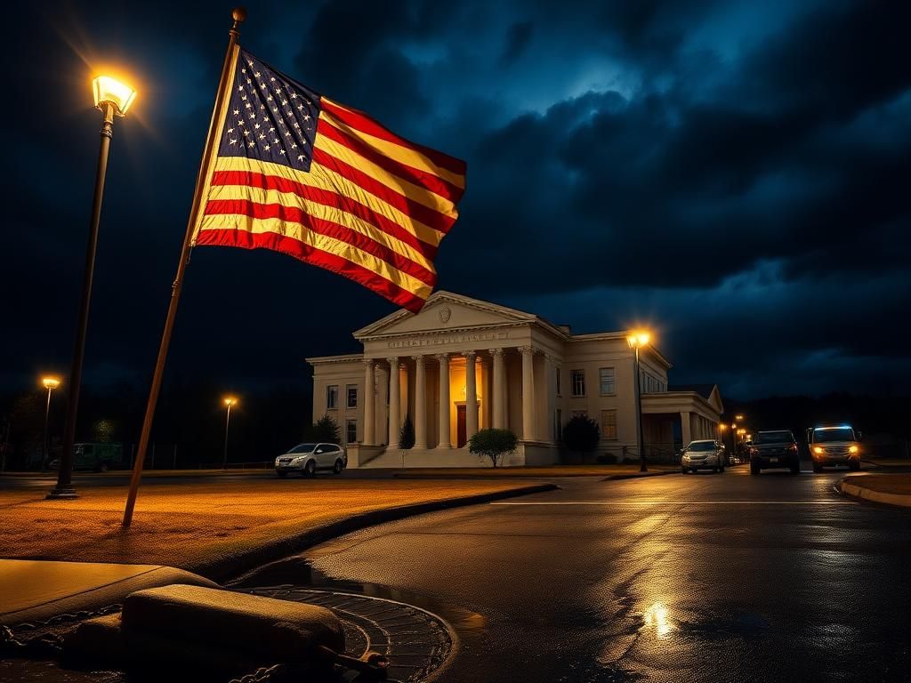 Flick International Courthouse at night with American flag and stormy sky