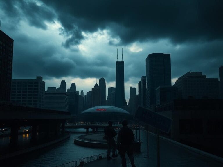 Flick International Somber urban landscape of Chicago with storm clouds and a military presence