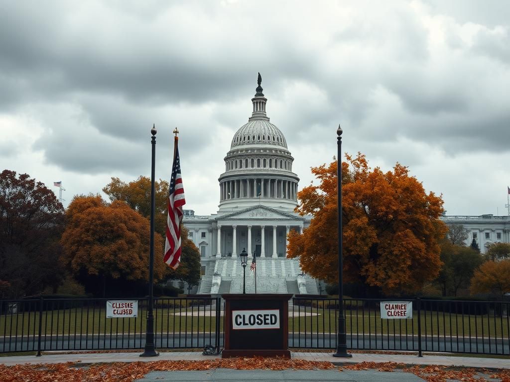 Flick International U.S. Capitol building surrounded by autumn trees with empty podium and American flags during government shutdown